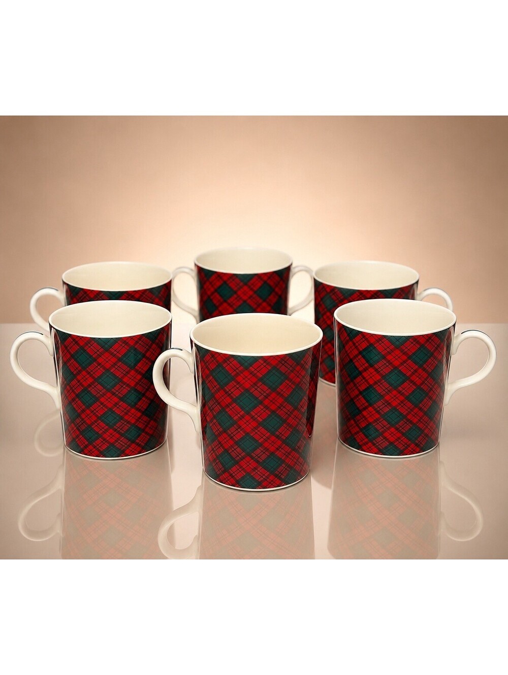 Arita Tartan Japan 1980s Set Of 6 Mugs Red Green Plaid, 3.25x4”